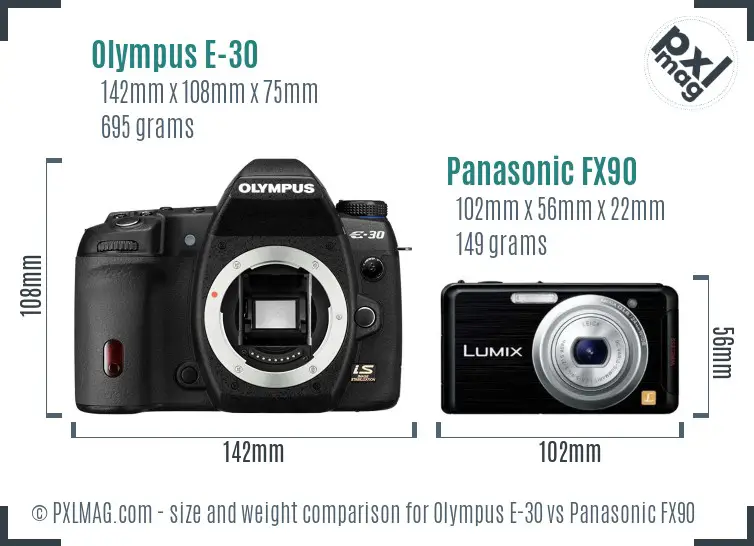 Olympus E-30 vs Panasonic FX90 size comparison