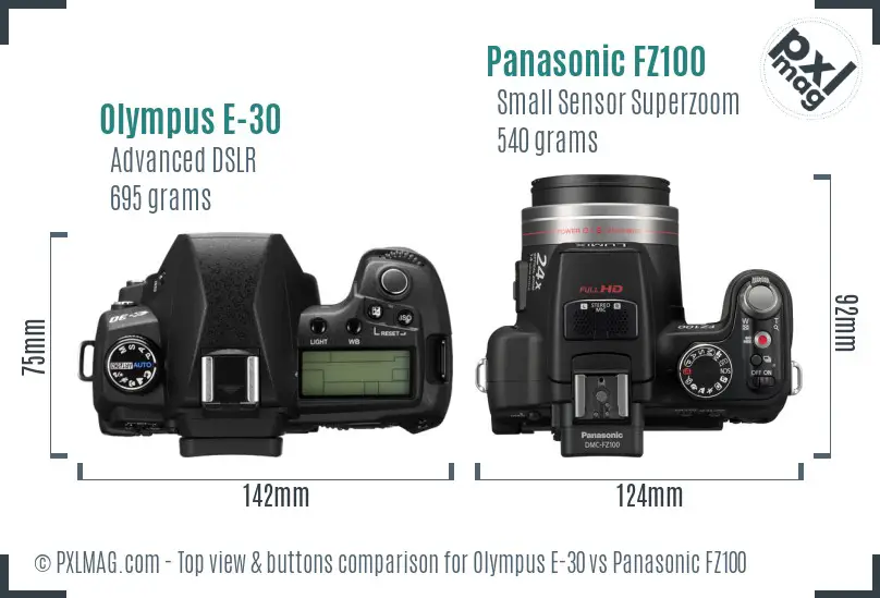 Olympus E-30 vs Panasonic FZ100 top view buttons comparison
