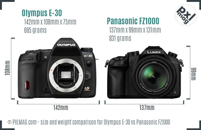 Olympus E-30 vs Panasonic FZ1000 size comparison