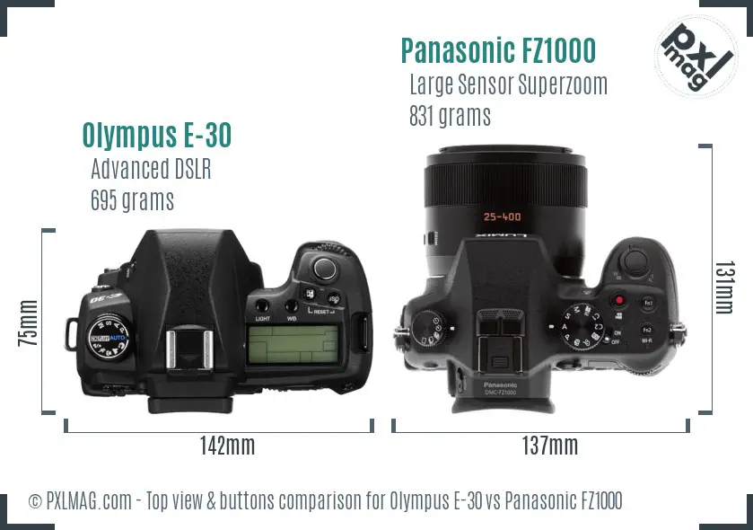 Olympus E-30 vs Panasonic FZ1000 top view buttons comparison