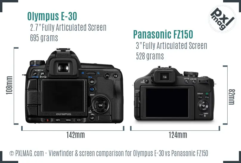 Olympus E-30 vs Panasonic FZ150 Screen and Viewfinder comparison