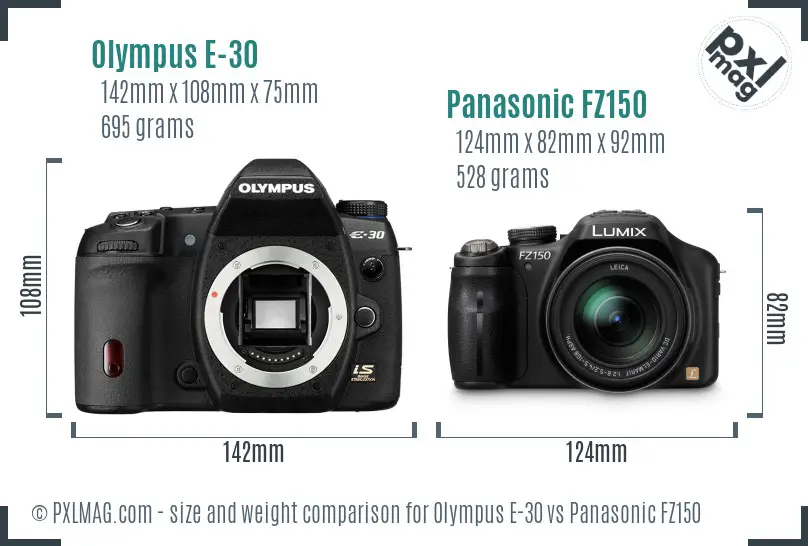 Olympus E-30 vs Panasonic FZ150 size comparison