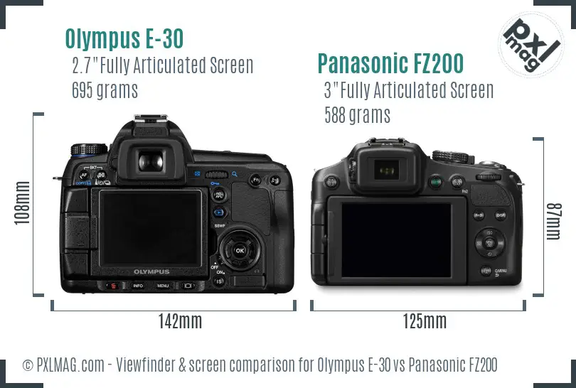 Olympus E-30 vs Panasonic FZ200 Screen and Viewfinder comparison