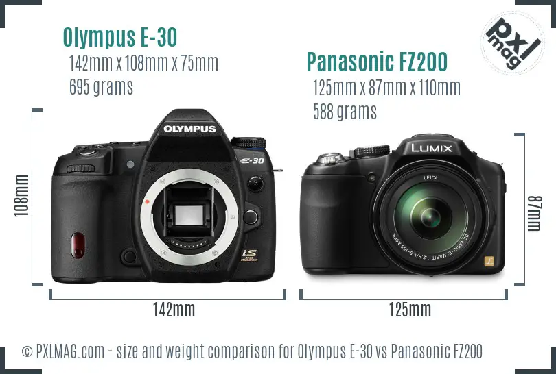 Olympus E-30 vs Panasonic FZ200 size comparison