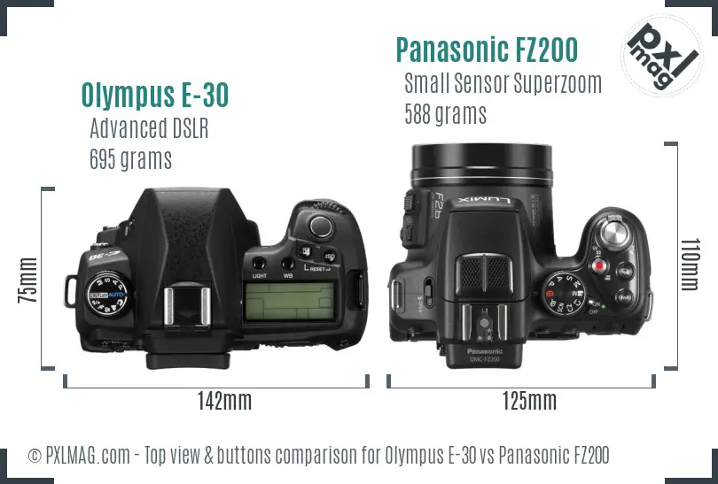 Olympus E-30 vs Panasonic FZ200 top view buttons comparison