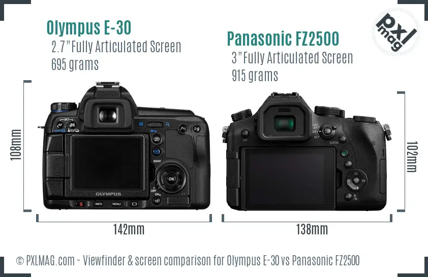 Olympus E-30 vs Panasonic FZ2500 Screen and Viewfinder comparison