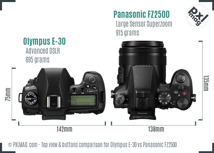 Olympus E-30 vs Panasonic FZ2500 top view buttons comparison