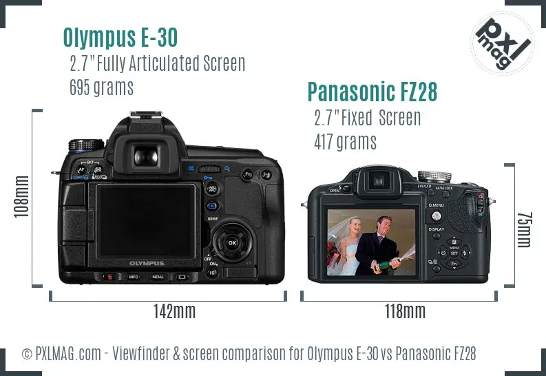 Olympus E-30 vs Panasonic FZ28 Screen and Viewfinder comparison