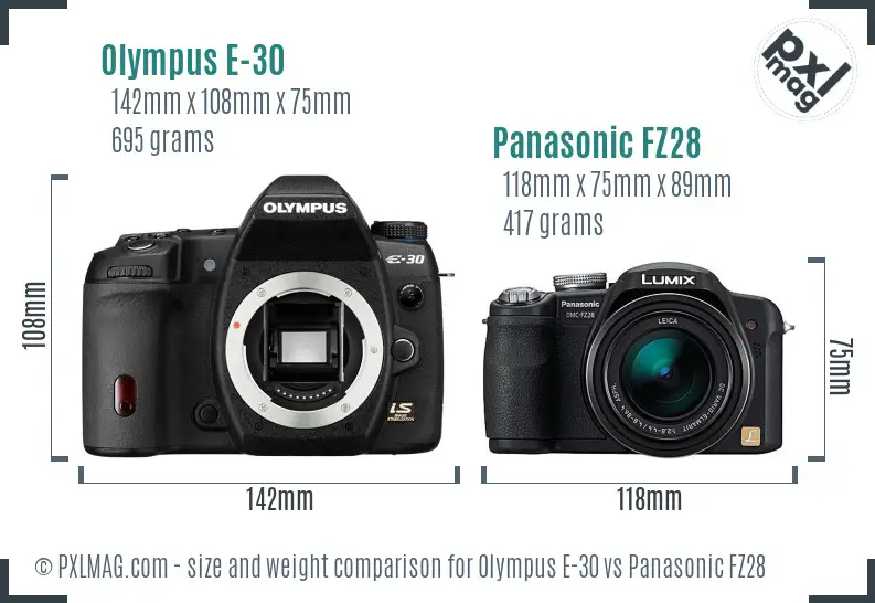 Olympus E-30 vs Panasonic FZ28 size comparison