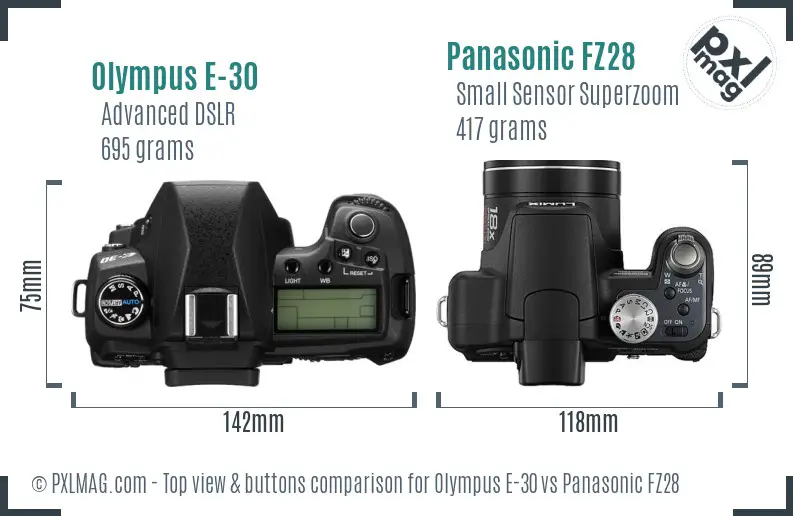 Olympus E-30 vs Panasonic FZ28 top view buttons comparison