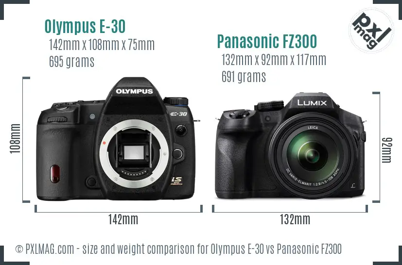 Olympus E-30 vs Panasonic FZ300 size comparison