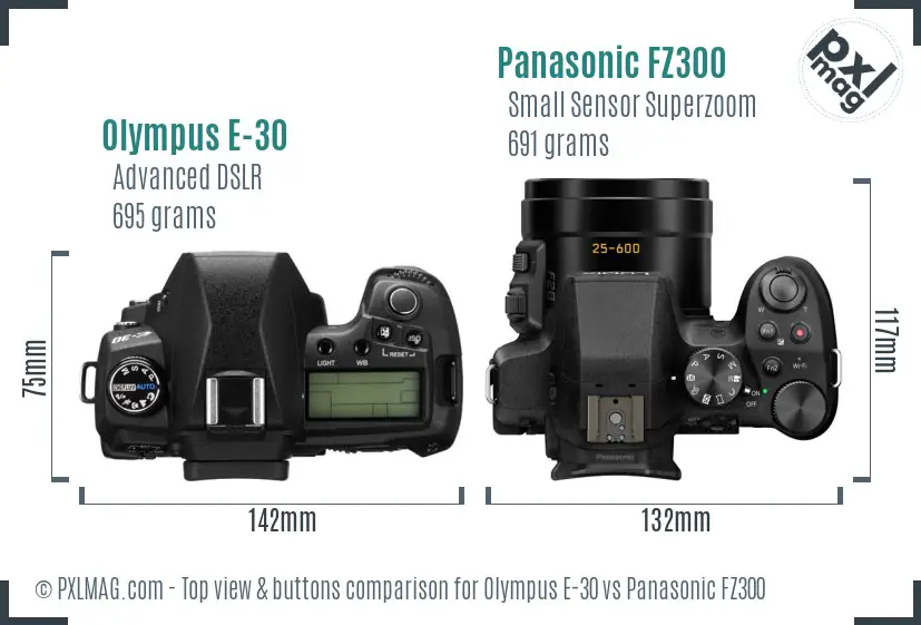 Olympus E-30 vs Panasonic FZ300 top view buttons comparison