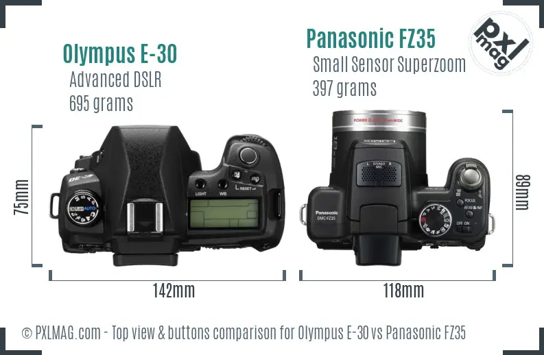 Olympus E-30 vs Panasonic FZ35 top view buttons comparison