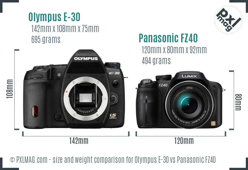 Olympus E-30 vs Panasonic FZ40 size comparison