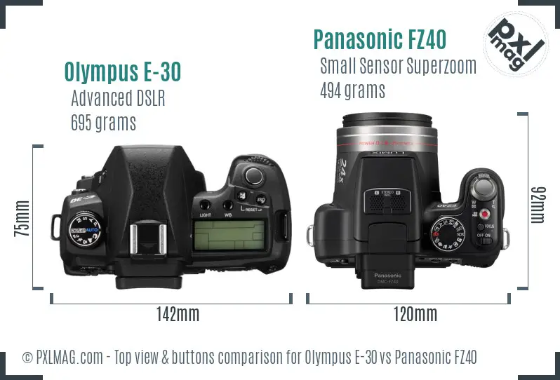 Olympus E-30 vs Panasonic FZ40 top view buttons comparison