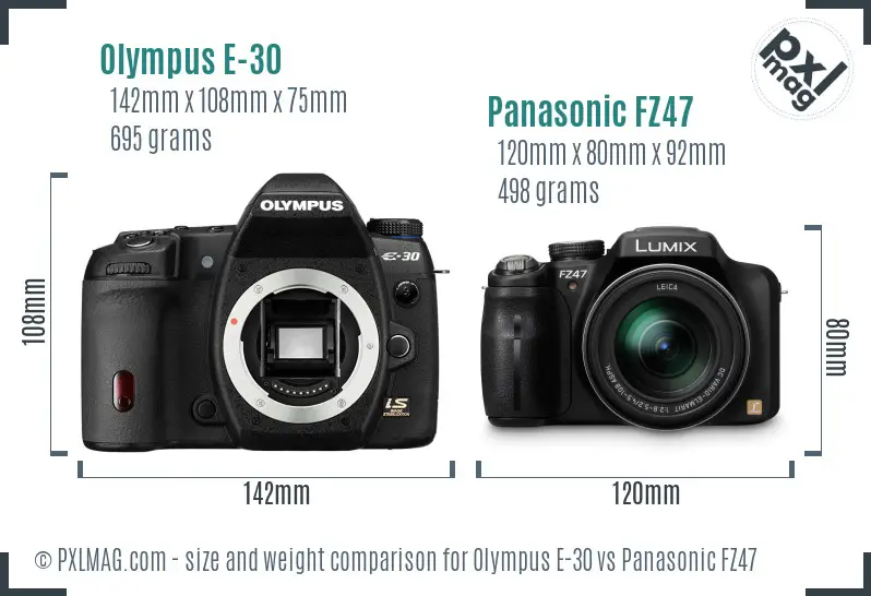 Olympus E-30 vs Panasonic FZ47 size comparison