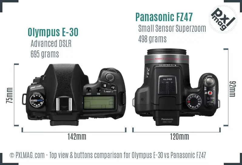 Olympus E-30 vs Panasonic FZ47 top view buttons comparison