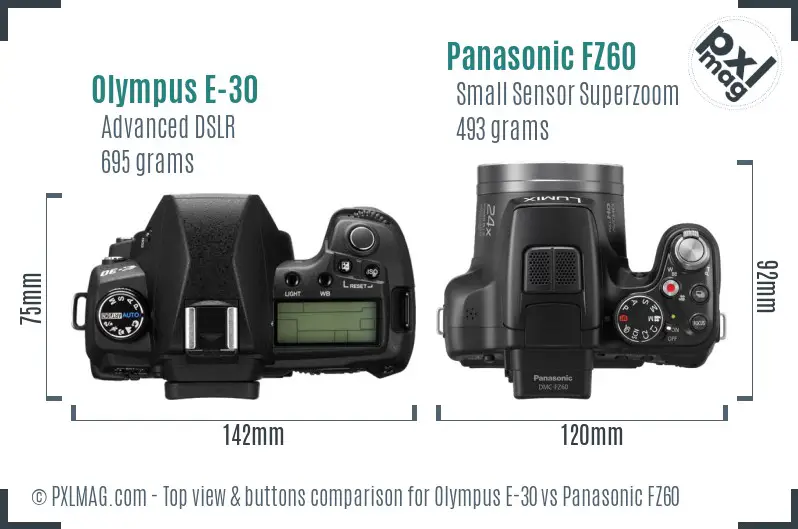 Olympus E-30 vs Panasonic FZ60 top view buttons comparison