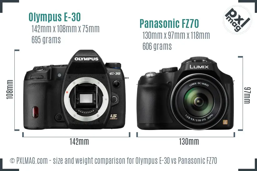 Olympus E-30 vs Panasonic FZ70 size comparison