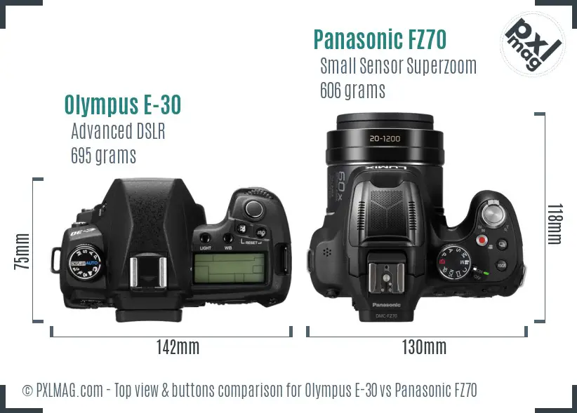 Olympus E-30 vs Panasonic FZ70 top view buttons comparison