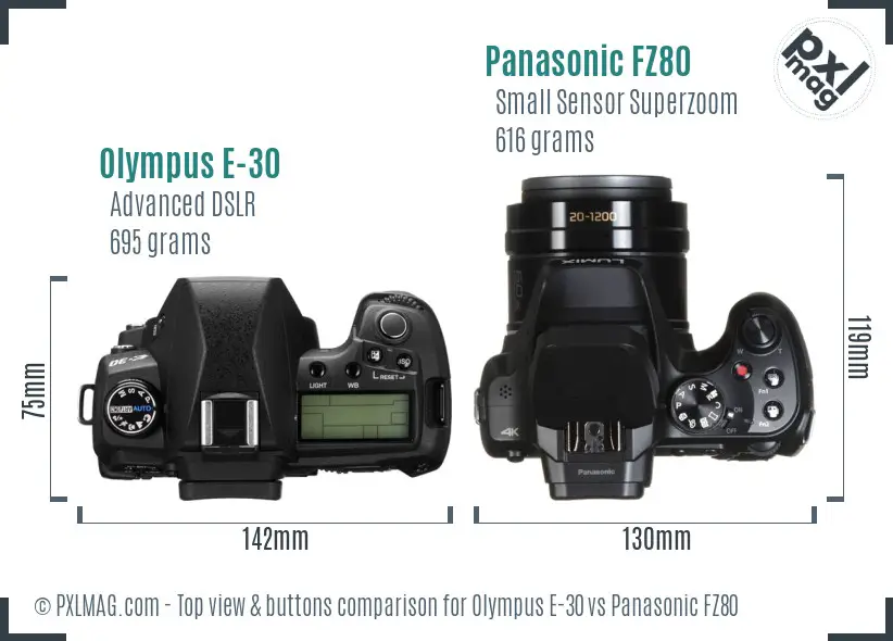 Olympus E-30 vs Panasonic FZ80 top view buttons comparison