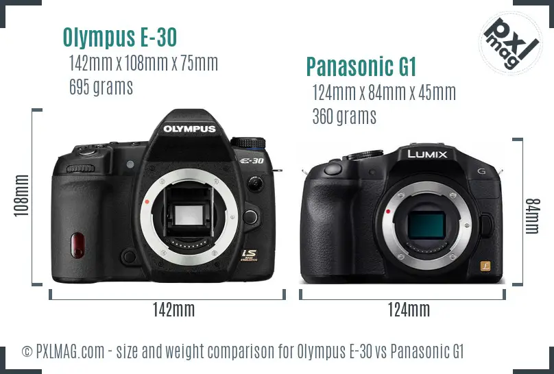Olympus E-30 vs Panasonic G1 size comparison