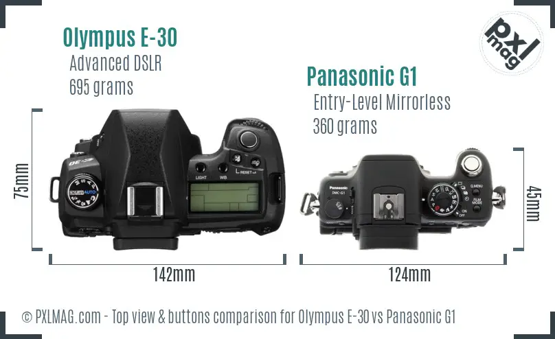 Olympus E-30 vs Panasonic G1 top view buttons comparison