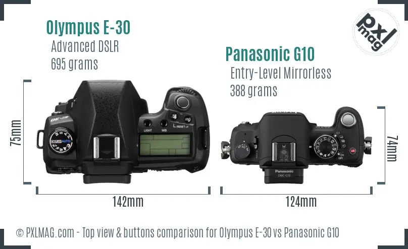 Olympus E-30 vs Panasonic G10 top view buttons comparison