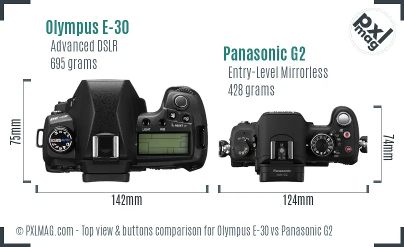 Olympus E-30 vs Panasonic G2 top view buttons comparison