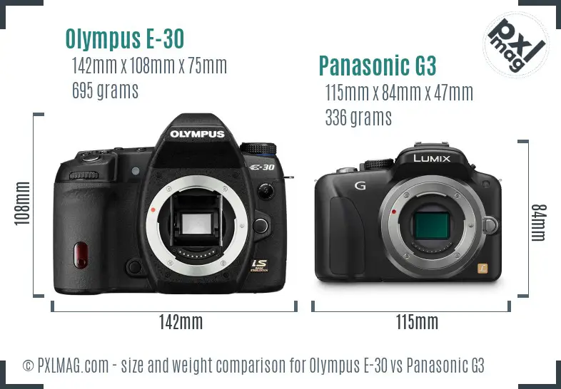Olympus E-30 vs Panasonic G3 size comparison