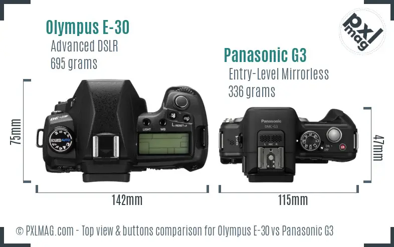 Olympus E-30 vs Panasonic G3 top view buttons comparison