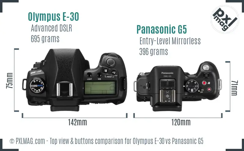 Olympus E-30 vs Panasonic G5 top view buttons comparison