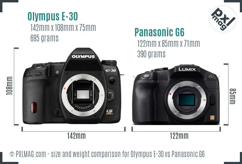 Olympus E-30 vs Panasonic G6 size comparison