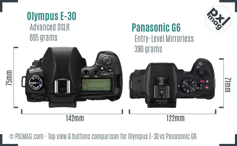 Olympus E-30 vs Panasonic G6 top view buttons comparison
