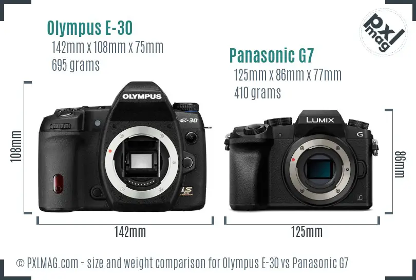 Olympus E-30 vs Panasonic G7 size comparison