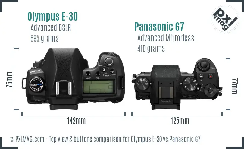 Olympus E-30 vs Panasonic G7 top view buttons comparison