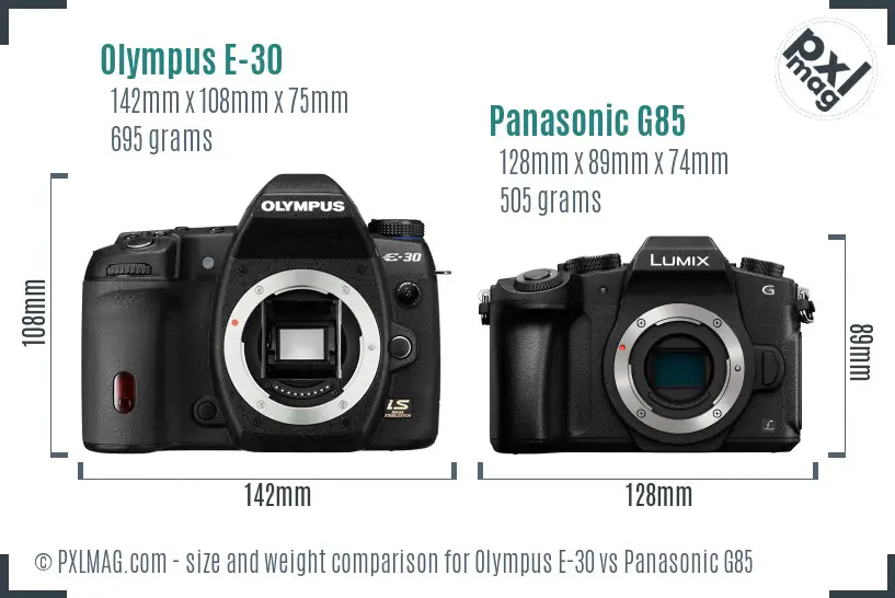 Olympus E-30 vs Panasonic G85 size comparison