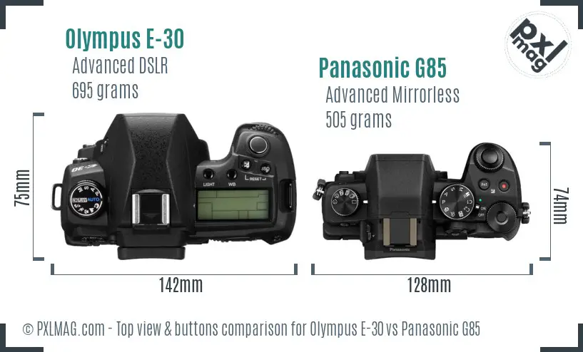 Olympus E-30 vs Panasonic G85 top view buttons comparison