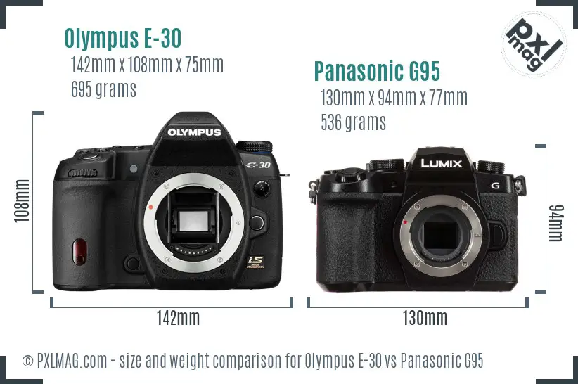 Olympus E-30 vs Panasonic G95 size comparison