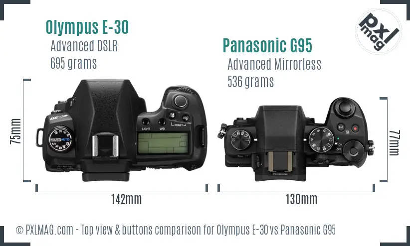 Olympus E-30 vs Panasonic G95 top view buttons comparison