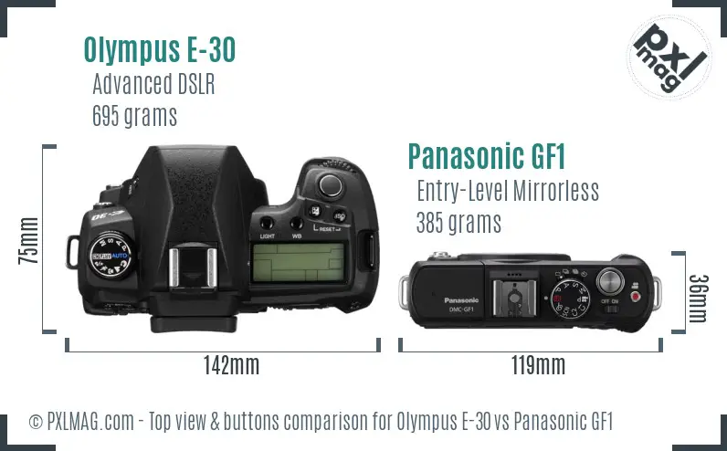 Olympus E-30 vs Panasonic GF1 top view buttons comparison