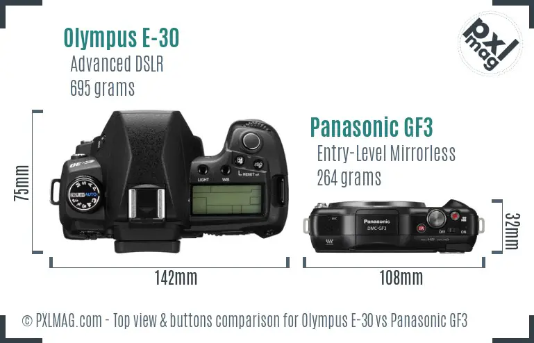 Olympus E-30 vs Panasonic GF3 top view buttons comparison
