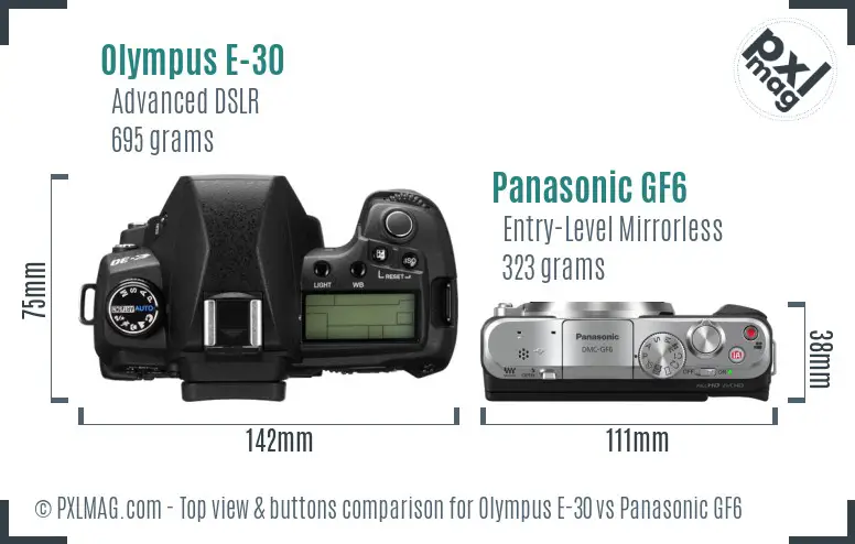 Olympus E-30 vs Panasonic GF6 top view buttons comparison