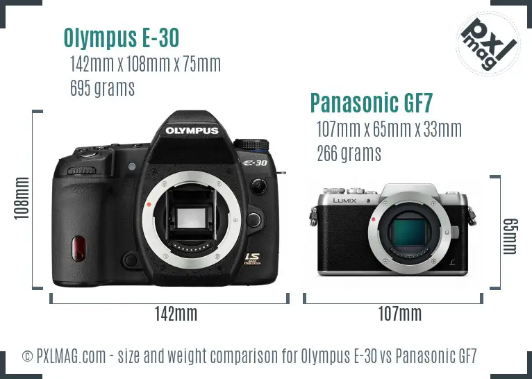 Olympus E-30 vs Panasonic GF7 size comparison