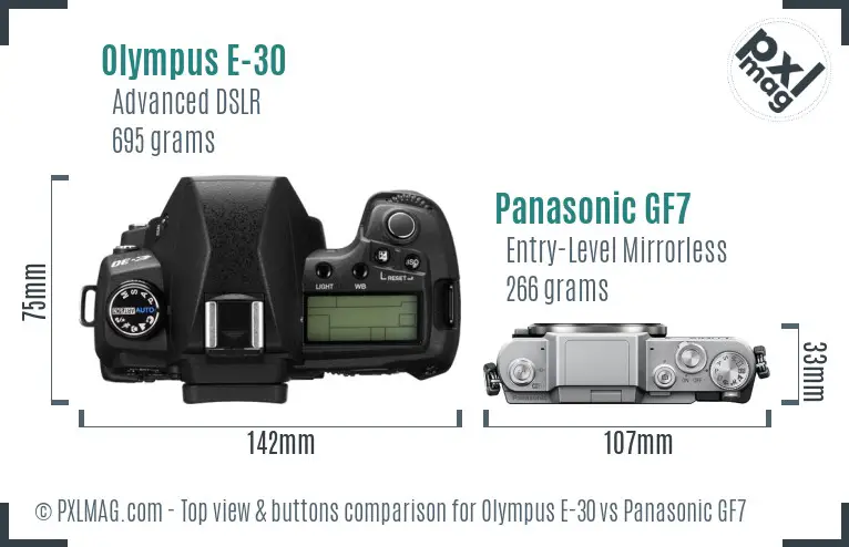 Olympus E-30 vs Panasonic GF7 top view buttons comparison