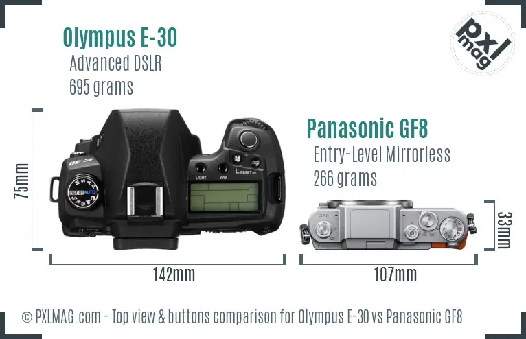 Olympus E-30 vs Panasonic GF8 top view buttons comparison