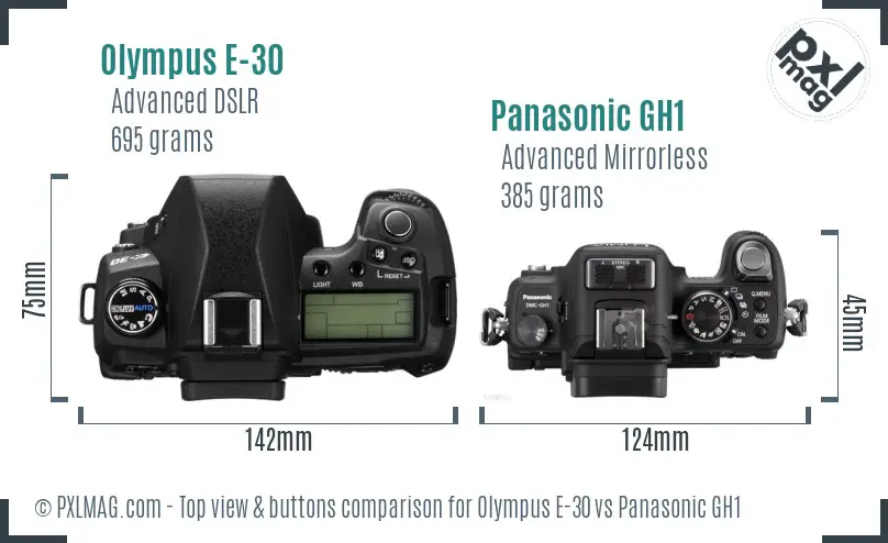 Olympus E-30 vs Panasonic GH1 top view buttons comparison