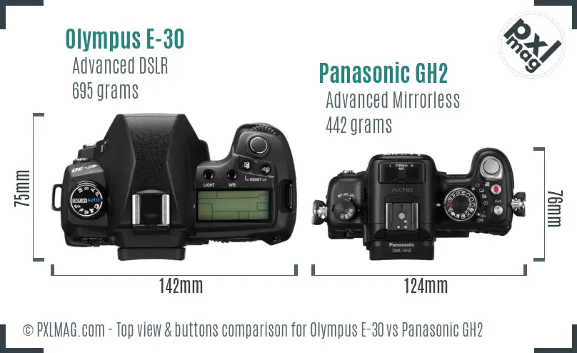 Olympus E-30 vs Panasonic GH2 top view buttons comparison