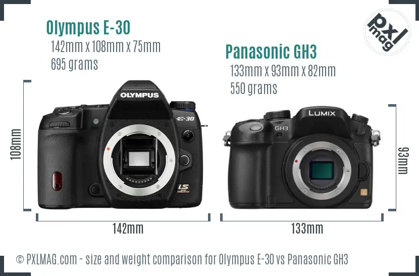 Olympus E-30 vs Panasonic GH3 size comparison Olympus E-30 vs Panasonic GH3 size comparison