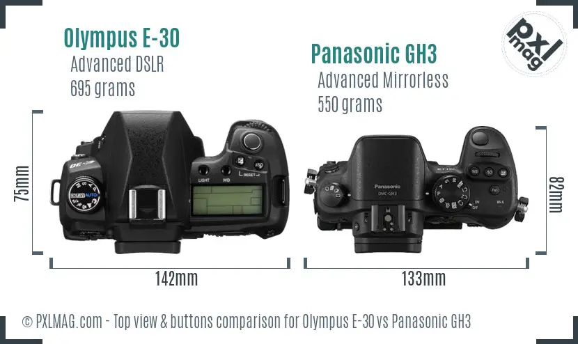 Olympus E-30 vs Panasonic GH3 top view buttons comparison Olympus E-30 vs Panasonic GH3 top view buttons comparison